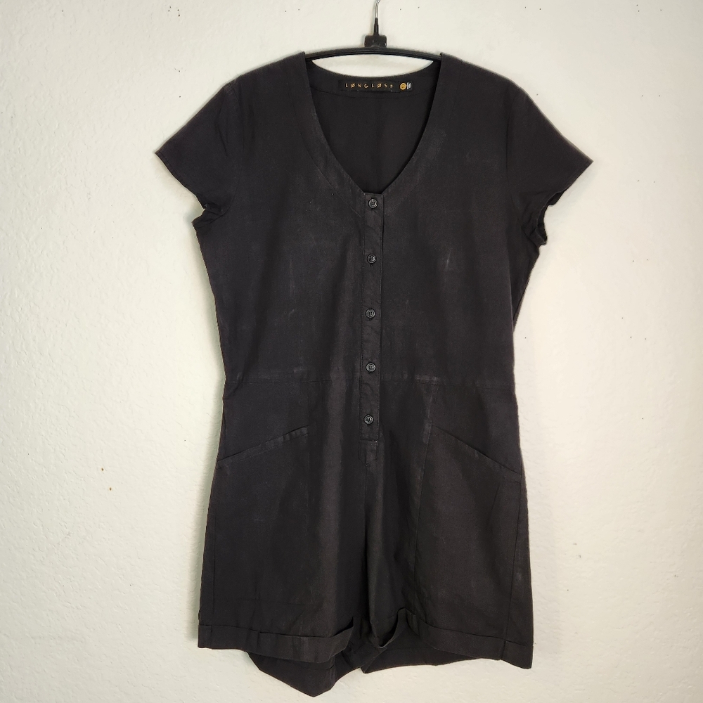Long Lost Black Button-Up Romper, Size 10
